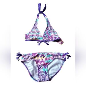J Khaki Purple Multicolor Geometric Girls 2-Piece Bikini Swim Set--Size 14